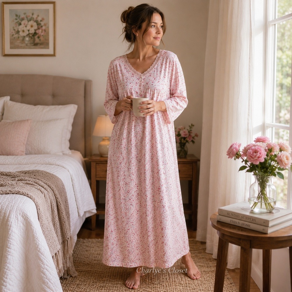 100% Cotton Long Floral Nightgown M Lace Trim Summer Country Modest Sleepwear‎